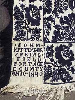 Old EARLY Antique 1840 Floral COVERLET Signed John Kittinger Springfield, Ohio