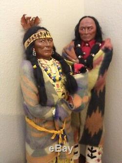 Old, Large Pair Skookum Indian Dolls Chief 35, Woman With Baby, Store Display