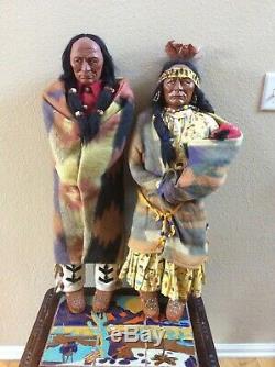 Old, Large Pair Skookum Indian Dolls Chief 35, Woman With Baby, Store Display
