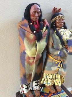 Old, Large Pair Skookum Indian Dolls Chief 35, Woman With Baby, Store Display