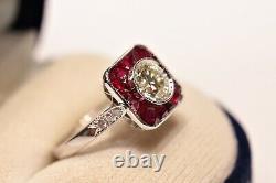 Old Original 18k Gold Art Deco Style Natural Diamond And Ruby Decorated Ring