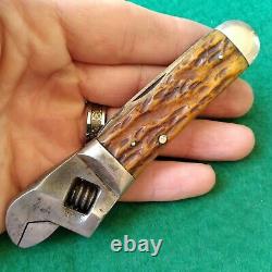 Old Vintage Antique Cattaraugus Bone Stag Wrench Tool Utility Pocket Knife