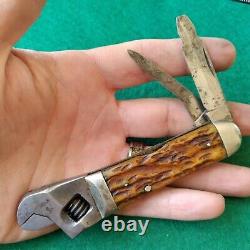 Old Vintage Antique Cattaraugus Bone Stag Wrench Tool Utility Pocket Knife