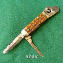 Old Vintage Antique Cattaraugus Bone Stag Wrench Tool Utility Pocket Knife