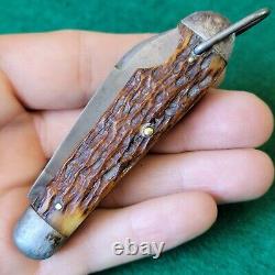 Old Vintage Antique Etched Remington UMC Bone Stag Easy Open Jack Pocket Knife