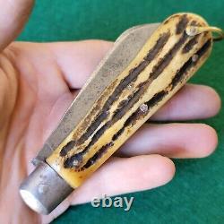 Old Vintage Antique Jumbo Stag Barehead Jack Rope Pocket Knife