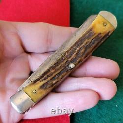Old Vintage Antique Kabar Bone Stag Trapper Jack Folding Pocket Knife
