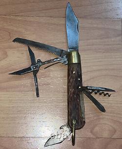 Old Vintage Antique Stag Sportsmans Tool Pocket Knife Bone Handle High Quality