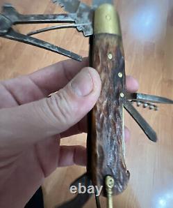Old Vintage Antique Stag Sportsmans Tool Pocket Knife Bone Handle High Quality