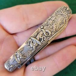 Old Vintage Antique Victorian Gold Silver Dragon Themed Fruit Pocket Knife