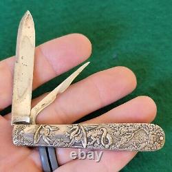 Old Vintage Antique Victorian Gold Silver Dragon Themed Fruit Pocket Knife