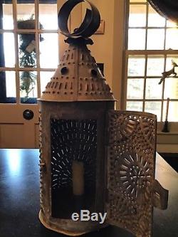 Old Vtg Antique Primitive Punched Tin Lantern Candle Chimney Light Holder Metal