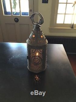 Old Vtg Antique Primitive Punched Tin Lantern Candle Chimney Light Holder Metal