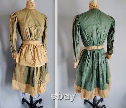 Old West Victorian Prairie Workwear Dress Green Waxed Polished w Apron Antique