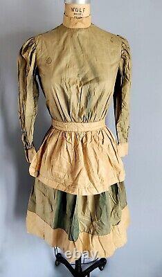 Old West Victorian Prairie Workwear Dress Green Waxed Polished w Apron Antique