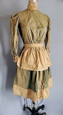 Old West Victorian Prairie Workwear Dress Green Waxed Polished w Apron Antique