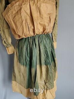 Old West Victorian Prairie Workwear Dress Green Waxed Polished w Apron Antique