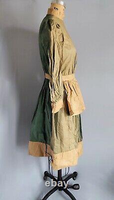 Old West Victorian Prairie Workwear Dress Green Waxed Polished w Apron Antique