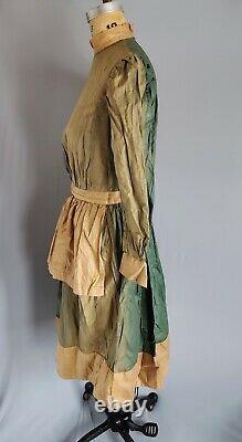 Old West Victorian Prairie Workwear Dress Green Waxed Polished w Apron Antique