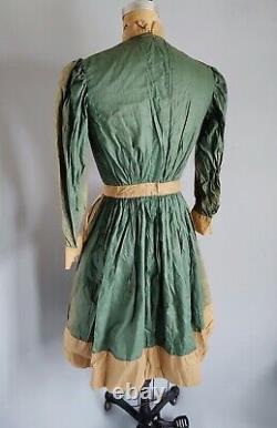 Old West Victorian Prairie Workwear Dress Green Waxed Polished w Apron Antique