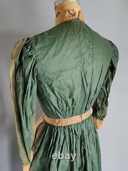 Old West Victorian Prairie Workwear Dress Green Waxed Polished w Apron Antique