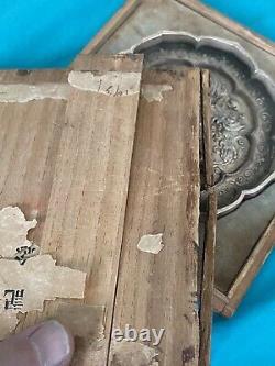 Old wood box antique vtg chinese character bronze silver magic mirror Lotus