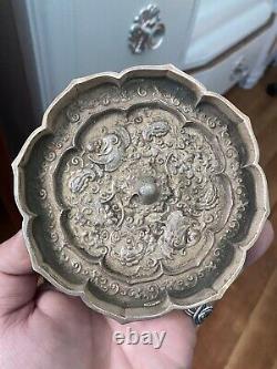 Old wood box antique vtg chinese character bronze silver magic mirror Lotus