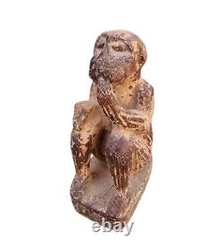 Original 1800s Old Antique Vintage Wood Hand Craved Wooden Monkey Figure Statue