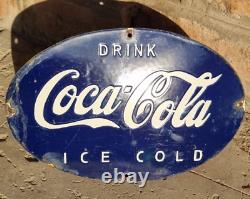 Original Vintage Old Antique Rare Coca Cola Ice Cold Porcelain Enamel Sign Board