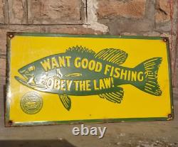 Original Vintage Old Antique Very Rare Fishing Law Porcelain Enamel Sign Board
