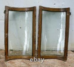 Pair 16x27 Antique Vintage Old Oak CURVED Bowed Wavy Glass Cabinet Doors Window