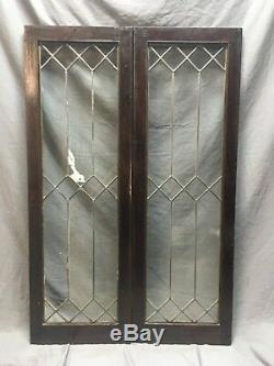 Pair Leaded Glass Diamond Casement Door Bookshelf Cabinet 16x48 Vtg Old 130-18C