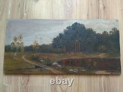 RARE Vintage old antique Painting Landscape Forest 1924 Trees Lake