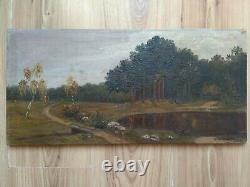 RARE Vintage old antique Painting Landscape Forest 1924 Trees Lake