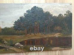 RARE Vintage old antique Painting Landscape Forest 1924 Trees Lake