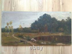 RARE Vintage old antique Painting Landscape Forest 1924 Trees Lake