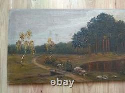 RARE Vintage old antique Painting Landscape Forest 1924 Trees Lake