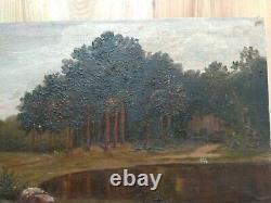 RARE Vintage old antique Painting Landscape Forest 1924 Trees Lake