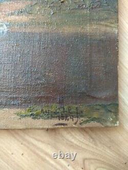 RARE Vintage old antique Painting Landscape Forest 1924 Trees Lake