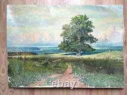 RARE Vintage old antique Painting ussr soviet Landscape Tree sea or ocean road