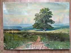 RARE Vintage old antique Painting ussr soviet Landscape Tree sea or ocean road