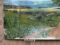 RARE Vintage old antique Painting ussr soviet Landscape Tree sea or ocean road