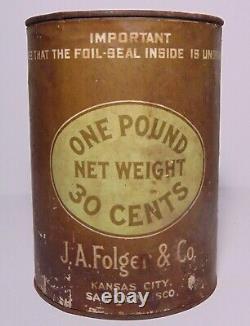 Rare 1910s OLD VINTAGE COMRADE FOLGERS COFFEE TIN DOG GRAPHIC TALL 1 POUND CAN