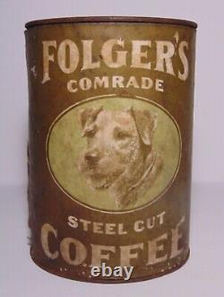 Rare 1910s OLD VINTAGE COMRADE FOLGERS COFFEE TIN DOG GRAPHIC TALL 1 POUND CAN