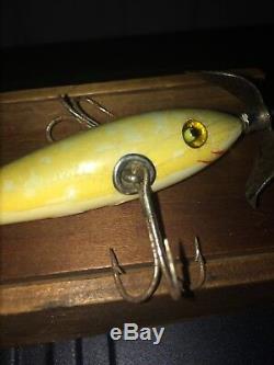 Rare Heddon Minnow 100 #102 White Correct Wood Dovetail Box 2 Belly Weights Old