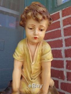 Rare Vintage Chalkware Figural Girl Cherub Like Child Fish Bowl Stand Old Estate