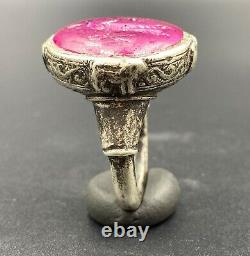 Sasanian Antiquity Engraved Old Gems Stone Ruby Light Stamp Signet Silver Ring