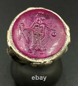 Sasanian Antiquity Engraved Old Gems Stone Ruby Light Stamp Signet Silver Ring