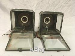Small Vtg Arts Crafts Copper Porch Sconce Pair Old Lights Beveled Glass 80-18E