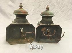 Small Vtg Arts Crafts Copper Porch Sconce Pair Old Lights Beveled Glass 80-18E